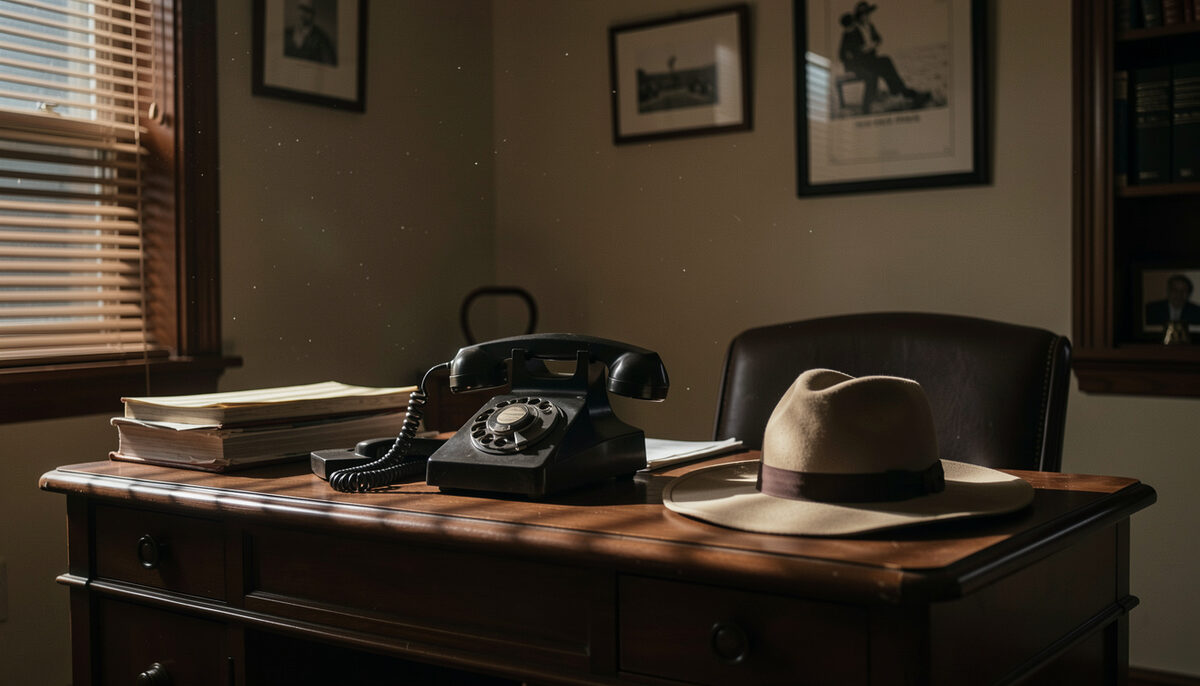 Dim 1940s insurance office at night, venetian blind shadows across a desk with a hat and a telephone