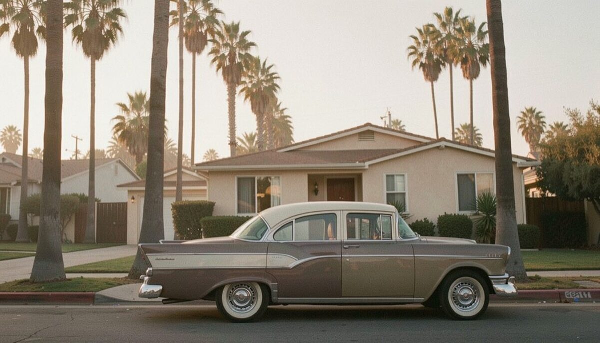 Palm lined residential street at dusk, a two tone 1950s sedan parked at the curb in front of a pale stucco bungalow in warm low sunlight