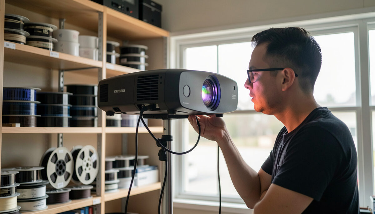 Projection booth with a large digital projector and film reels on shelves while a technician checks the lens
