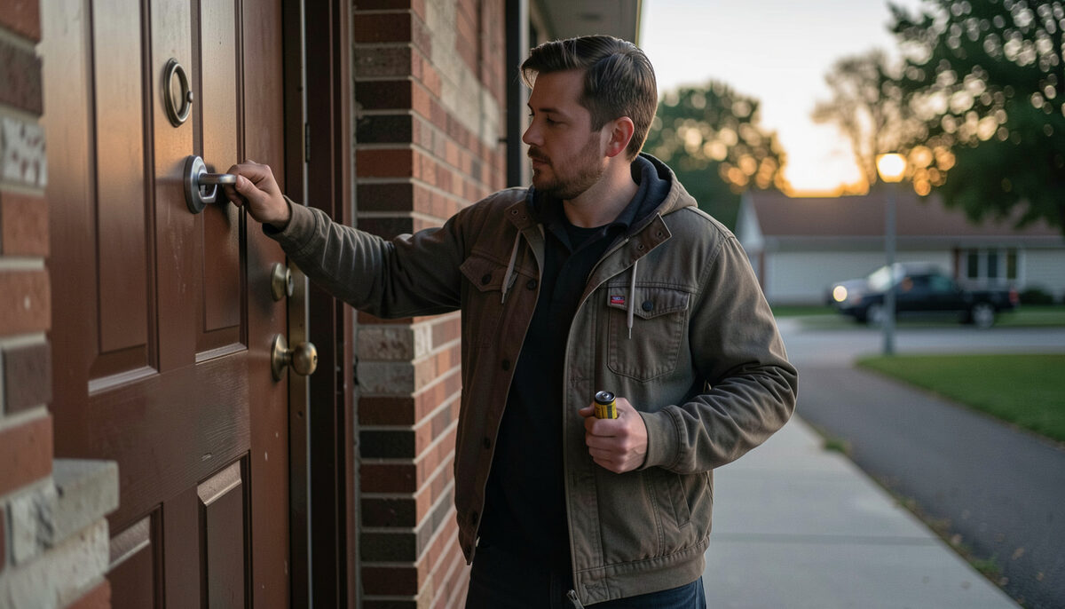 A volunteer locking a community hall door at dusk with a film canister under one arm
