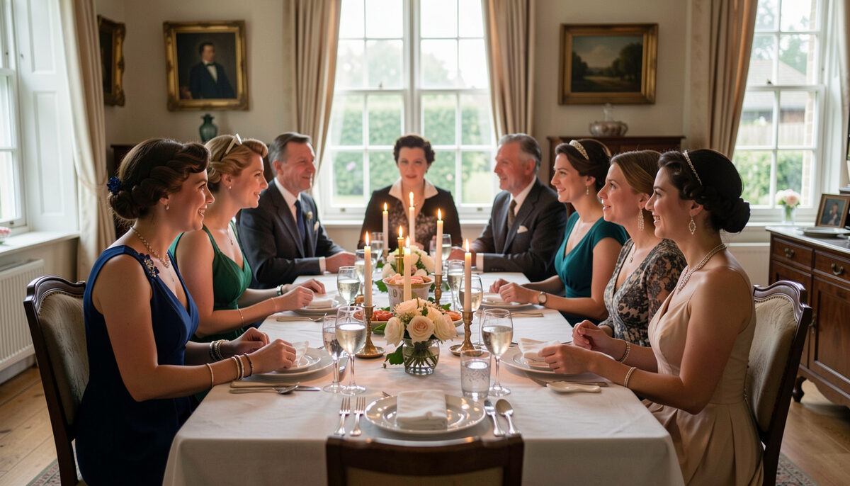 Country house dining table set for a weekend party, guests in 1930s evening dress talking by candlelight